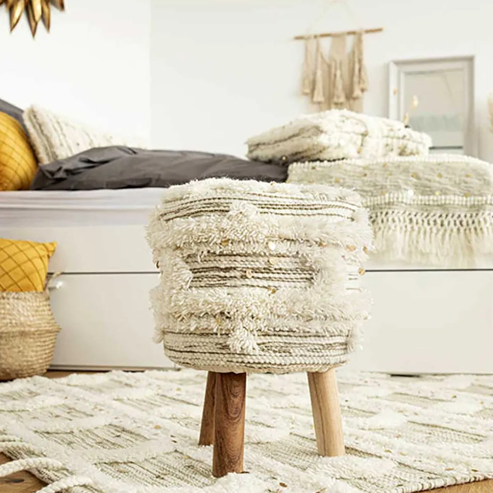 Sitzhocker in Creme mit Khaki - Clarina