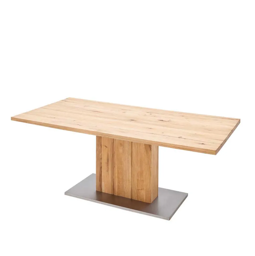 Säulen Esstisch mit Balkeneiche Powera & Bodenplatte mit Metall Mantel