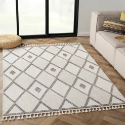 Teppich mit Rauten Muster in Beige und Weiß - Nikolan