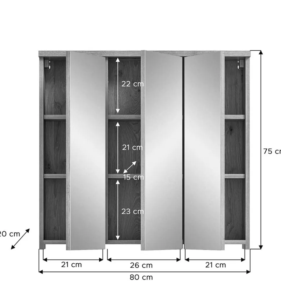 3-türiger Bad Spiegelschrank 80 cm breit - Steikun