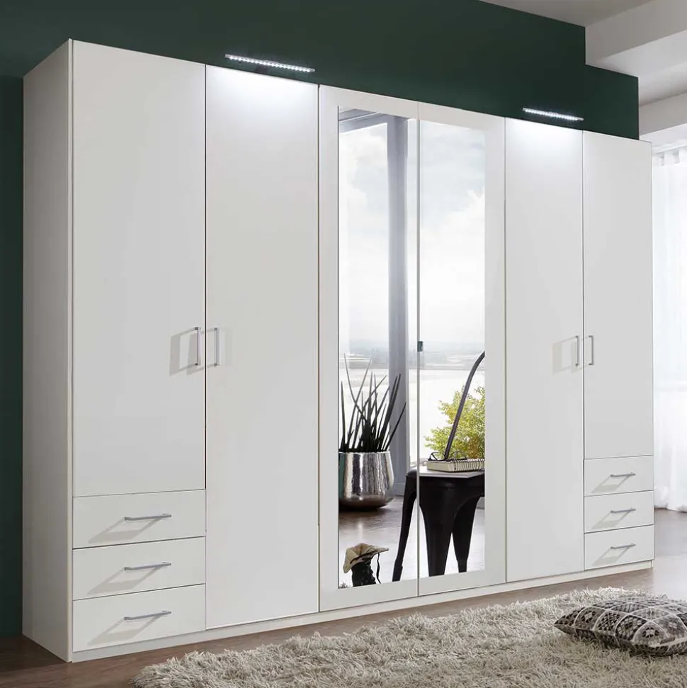 6-türiger Kleiderschrank in Weiß mit Spiegel - Furcia