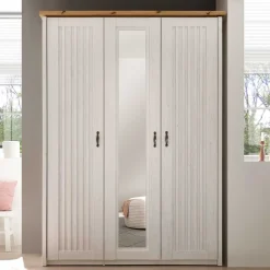 3-türiger Kleiderschrank in Weiß & Eiche Dekor - Malvissa