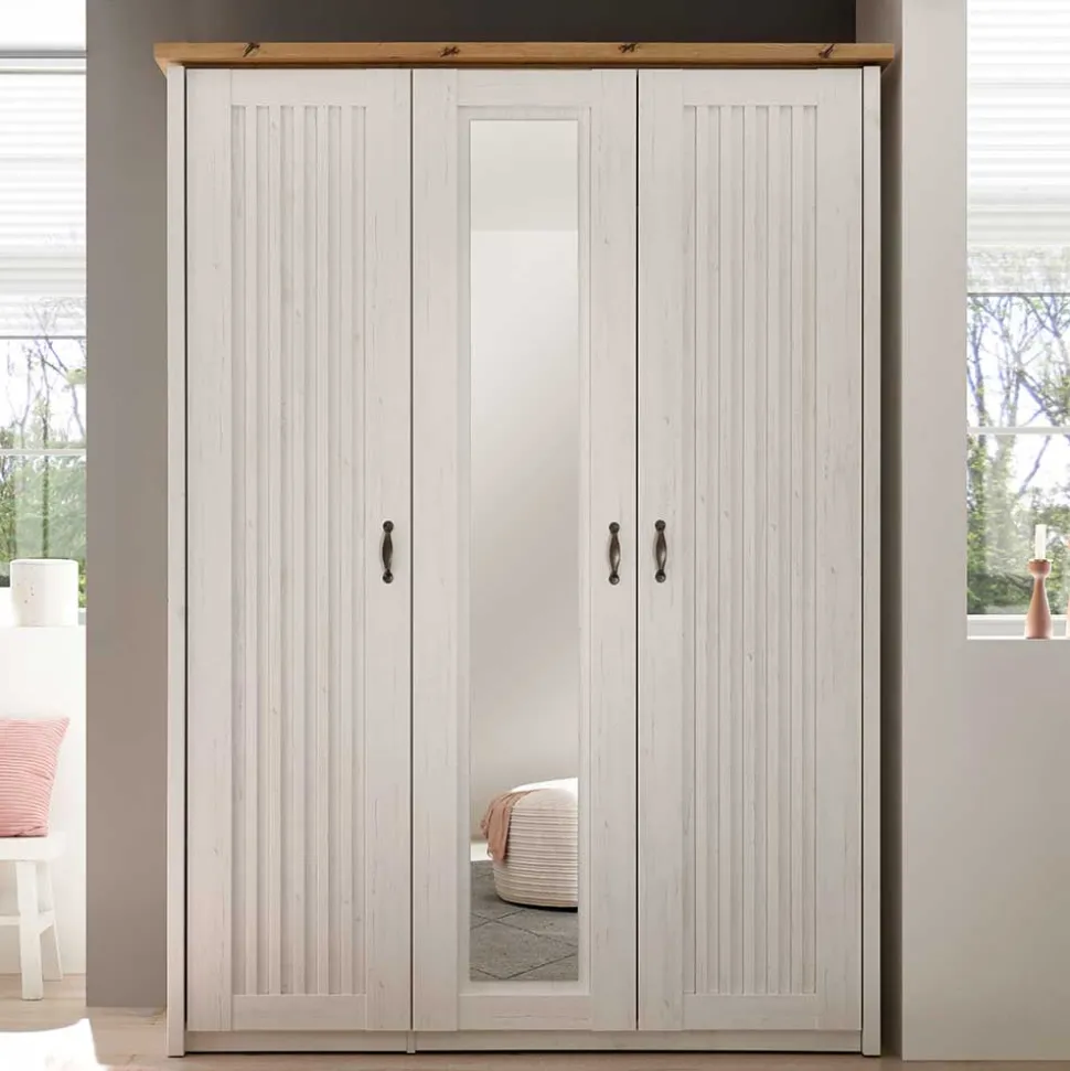 3-türiger Kleiderschrank in Weiß & Eiche Dekor - Malvissa