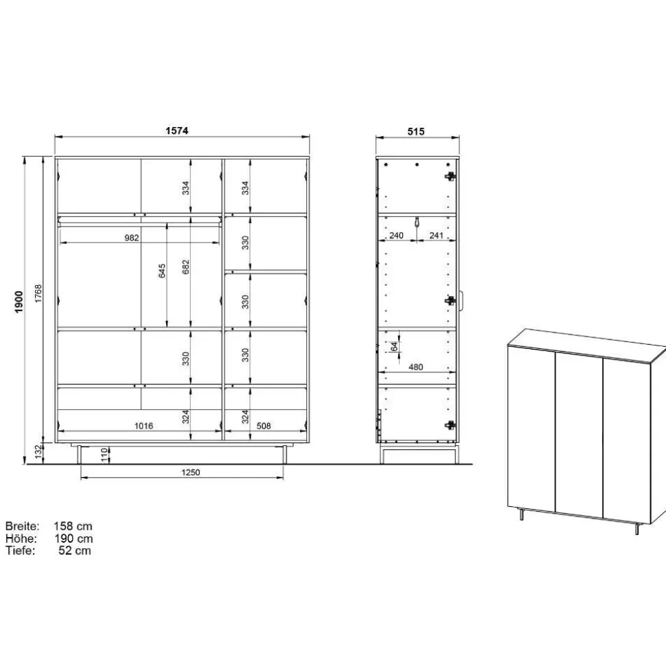 3-türiger Kleiderschrank in Grau - Suzanas