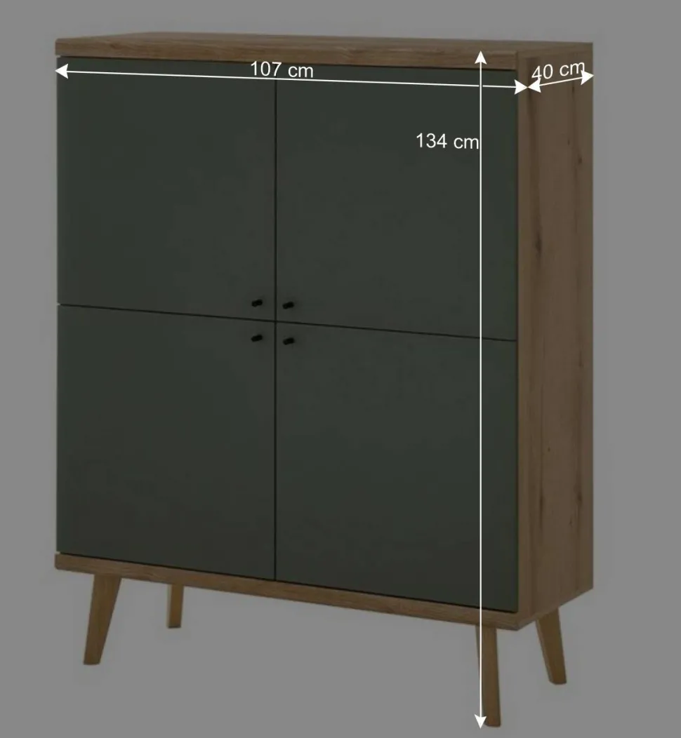 4-türiges Highboard in Graugrün und Wildeiche - Oliva