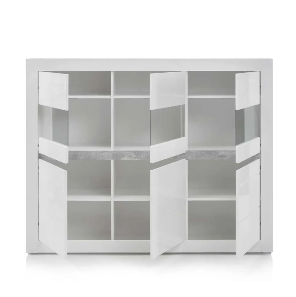 6-türiges Highboard in Weiß Hochglanz Mextra & Beton Dekor