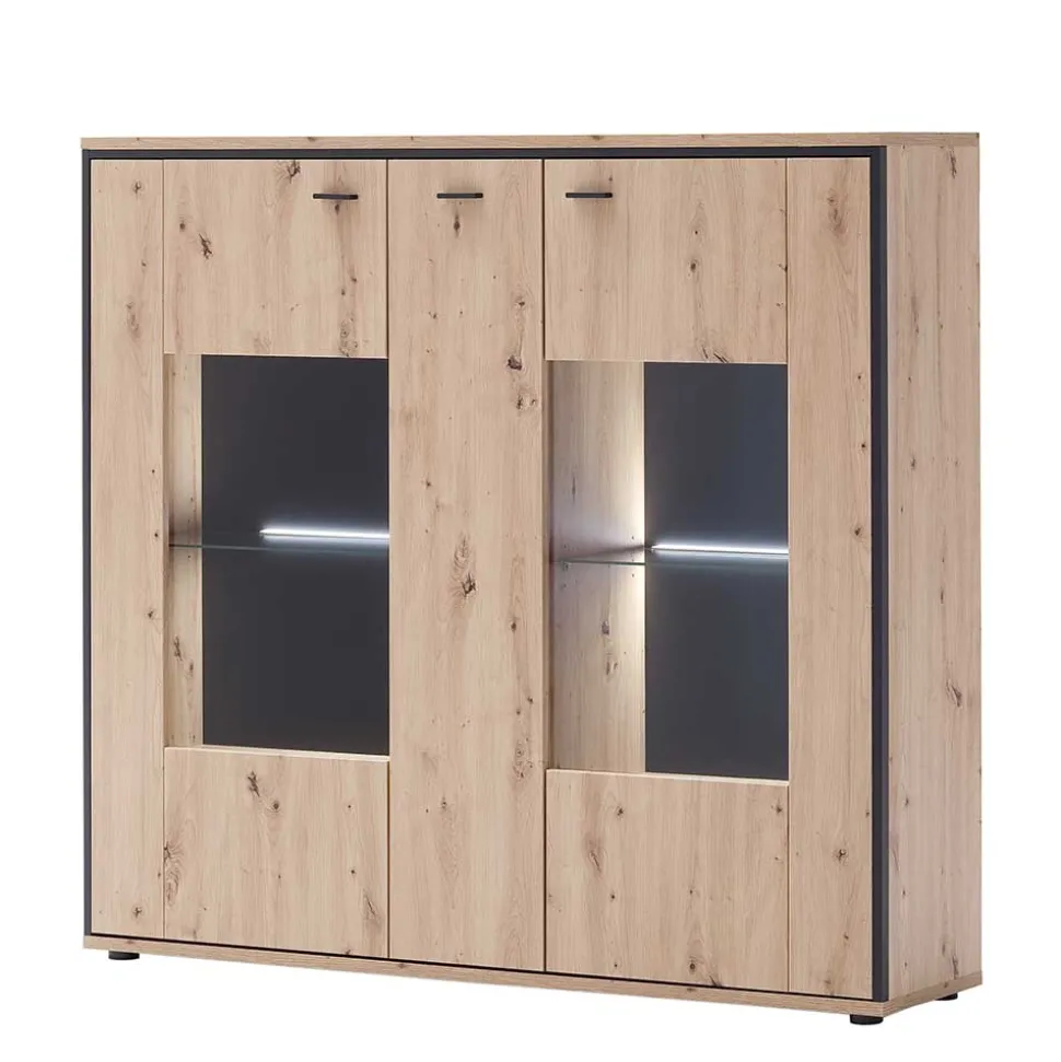 3-türiges Highboard mit Glas in Holzdekor Eiche - Nikdus