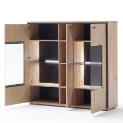 3-türiges Highboard mit Glas in Holzdekor Eiche - Nikdus