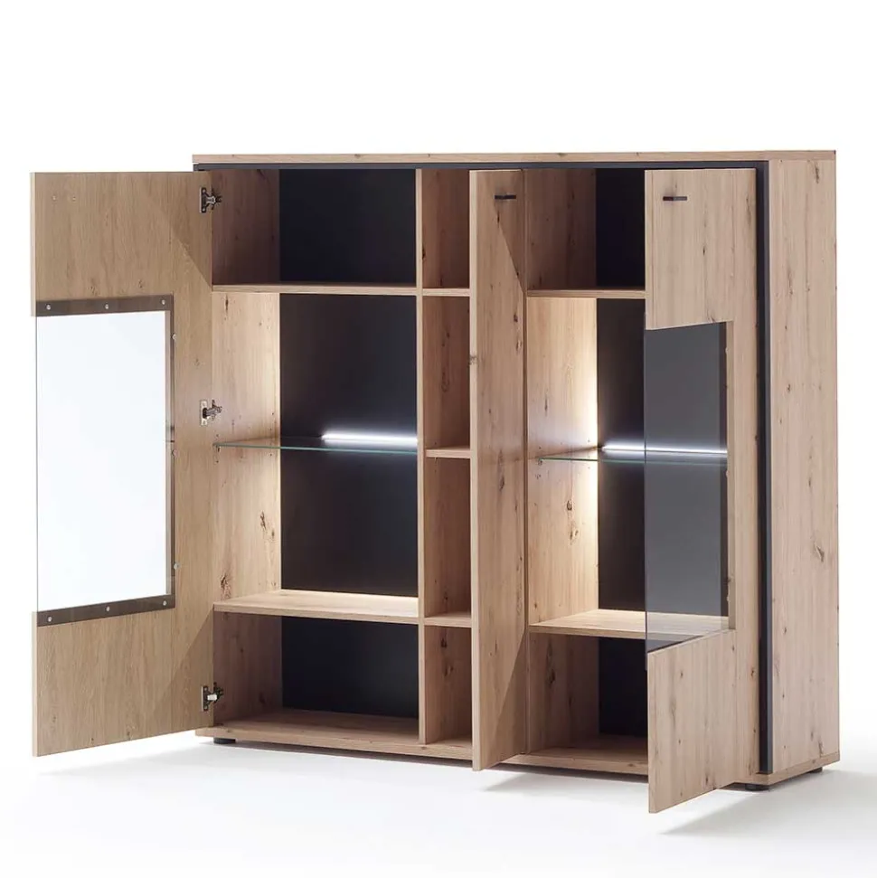 3-türiges Highboard mit Glas in Holzdekor Eiche - Nikdus