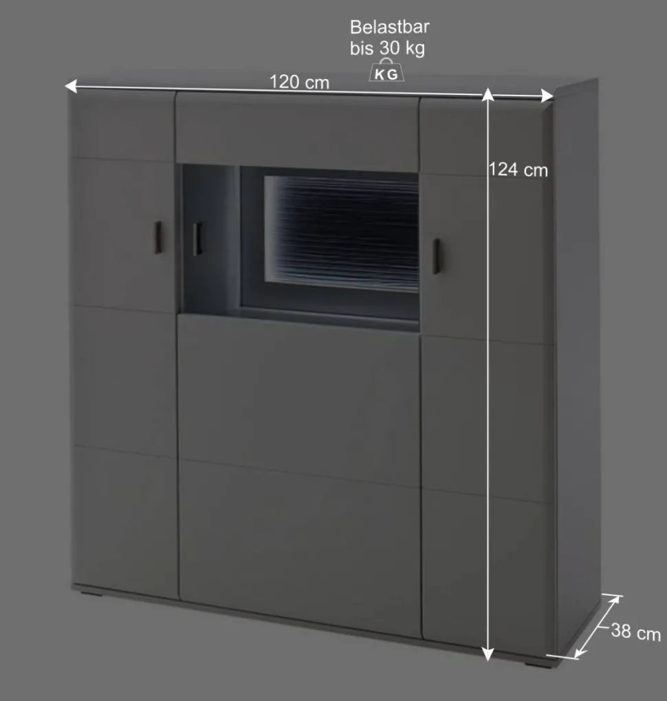 3-türiges Highboard mit Glas Einsatz in Weiß - Hazime