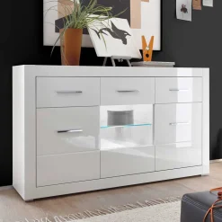 3-türiges Sideboard in Hochglanz Weiß & Glas Yulis mit 2 Schubladen