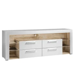 TV Lowboard in Weiß HG & Holz Antik Dekor - Masina