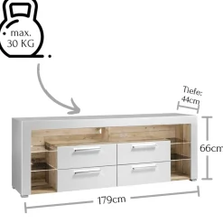 TV Lowboard in Weiß HG & Holz Antik Dekor - Masina