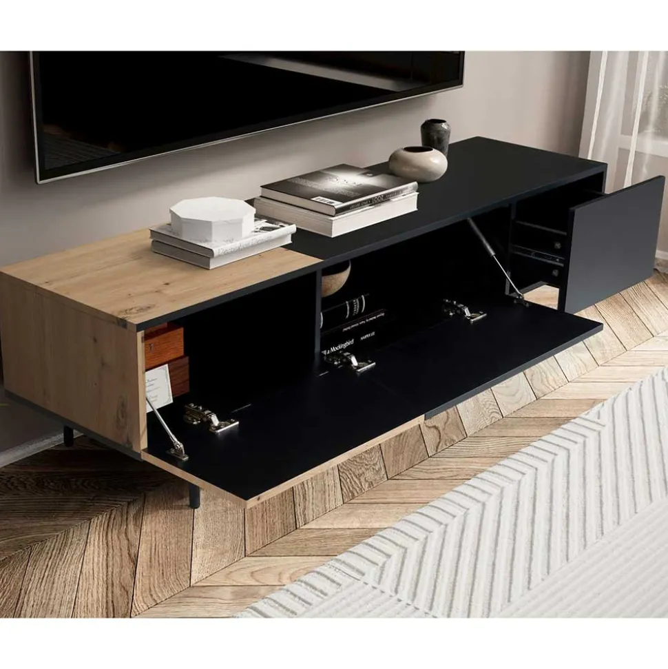 TV Lowboard in Wildeiche Optik & Schwarz - Camplona
