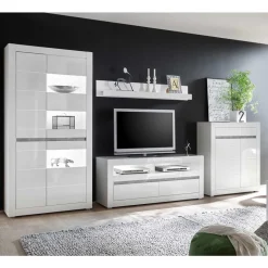 TV Wand in Weiß Hochglanz Mextra mit Dekor Beton Optik (vierteilig)