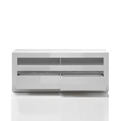 TV Wand in Weiß Hochglanz Mextra mit Dekor Beton Optik (vierteilig)