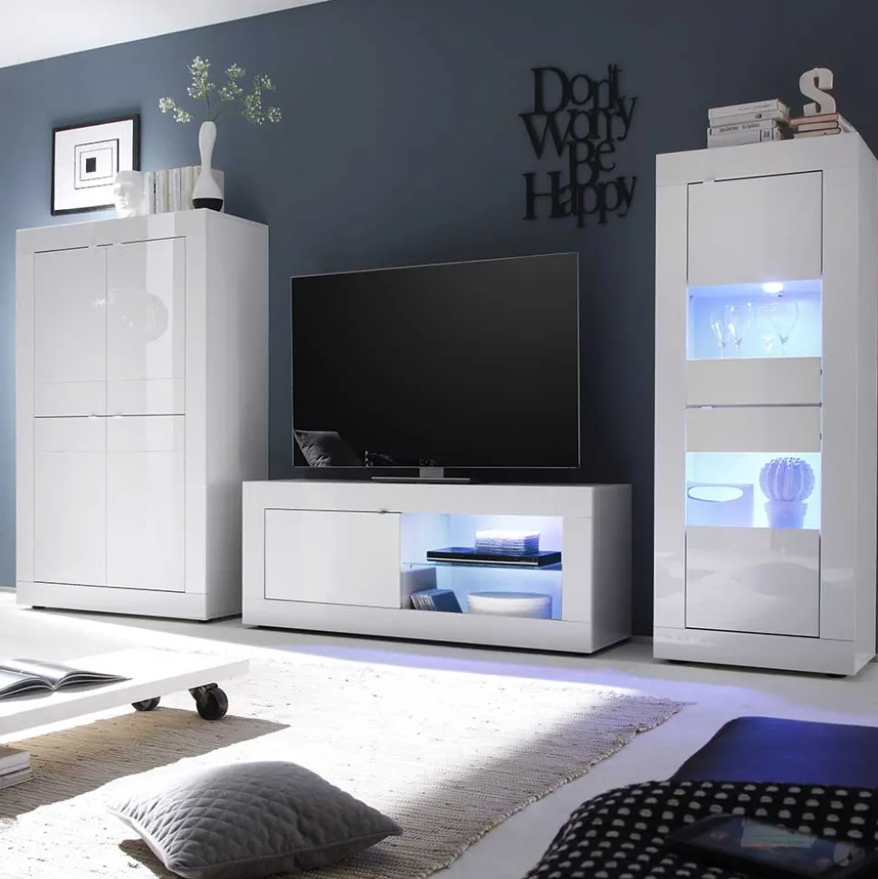 TV Wohnwand in Hochglanz Weiß - Sogno (dreiteilig)