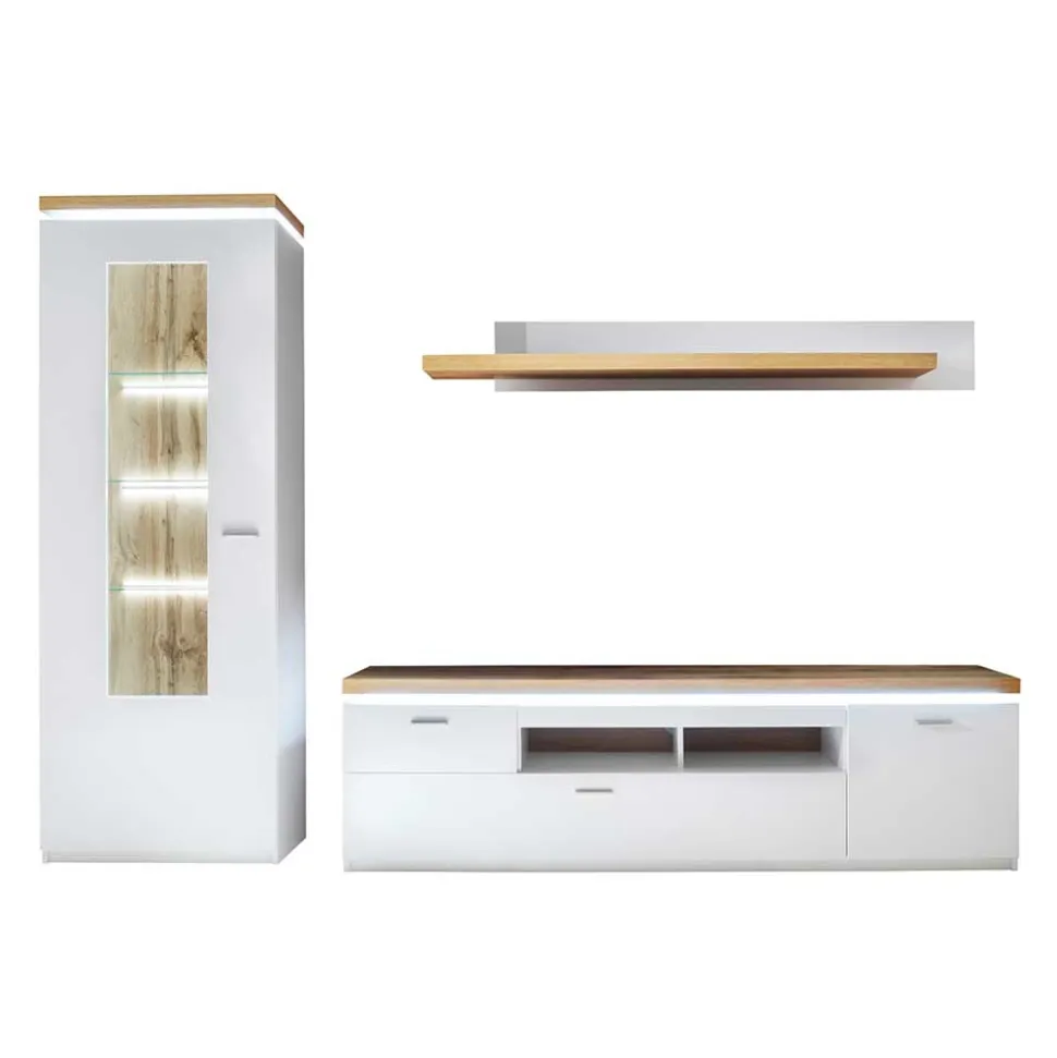 TV Wohnwand in Weiß & Dekor Wildeiche - Caldri (dreiteilig)