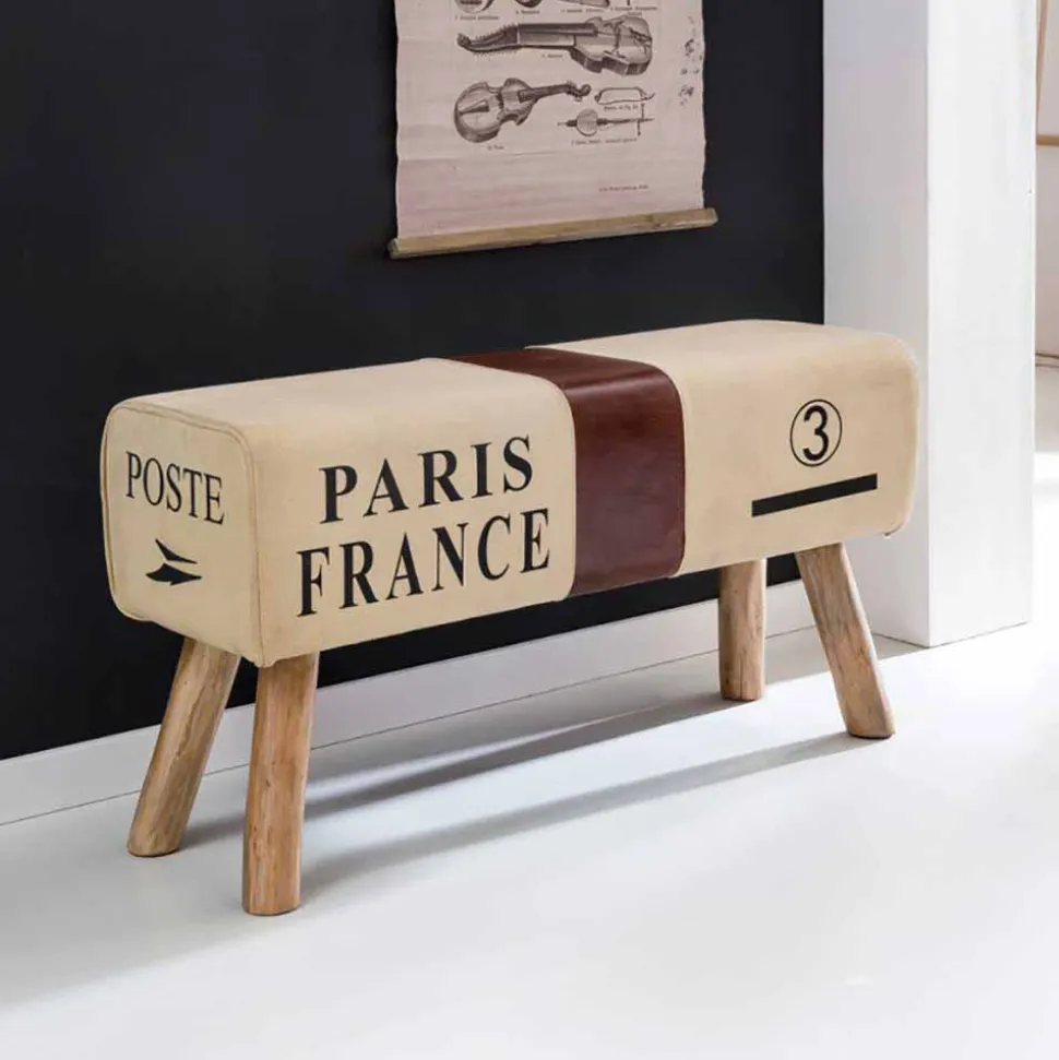 Vintage Polsterbank Clause mit Holz Leinen Echtleder