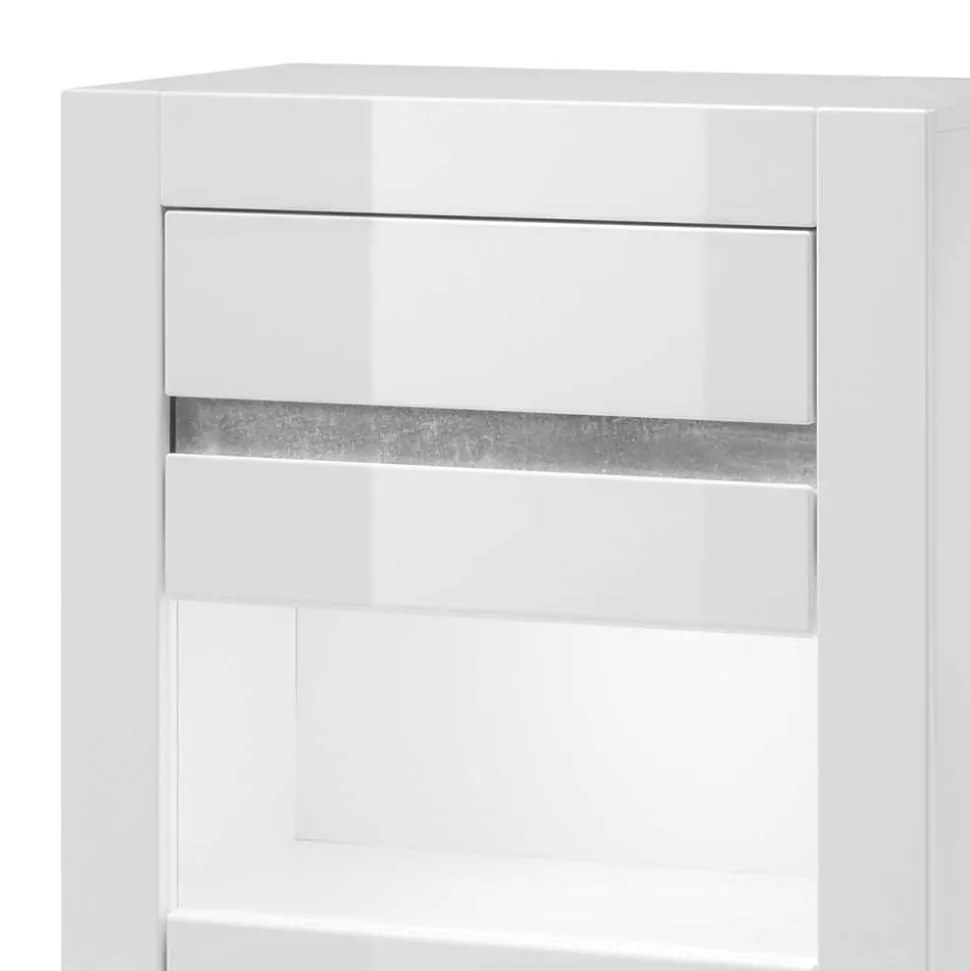 Vitrine in Hochglanz Weiß Mextra mit Beton Dekor Absetzung