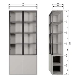 Vitrinenschrank in Hellgrau und Schwarz - Arno