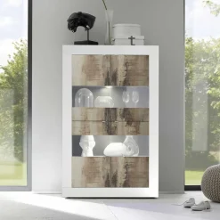 Vitrinenschrank in Holz verwittert & Weiß HG - Olvenion