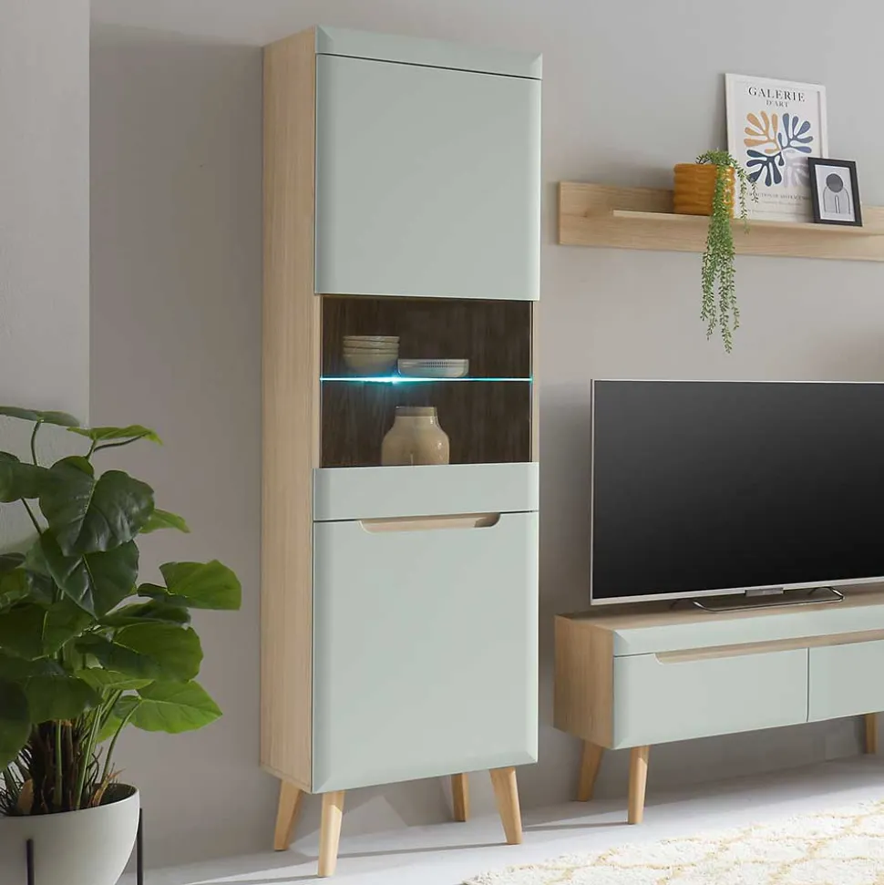 Vitrinenschrank in Mintgrün und Eiche - Armina