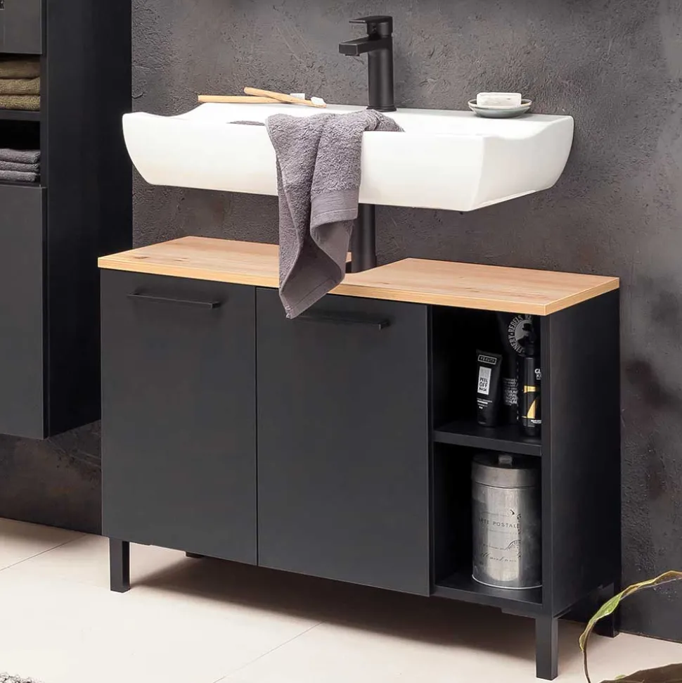 Waschbeckenunterschrank in Schwarz mit Wildeiche Dekor - Riguna