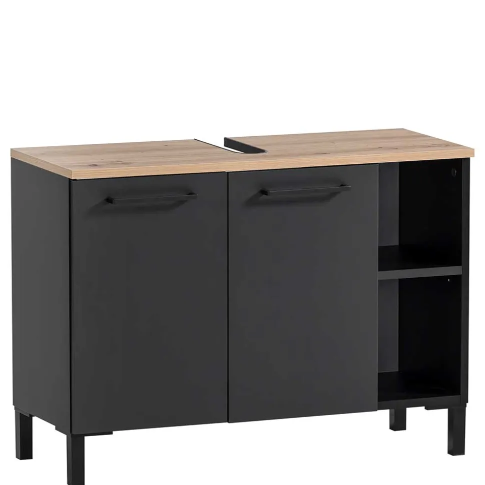 Waschbeckenunterschrank in Schwarz mit Wildeiche Dekor - Riguna