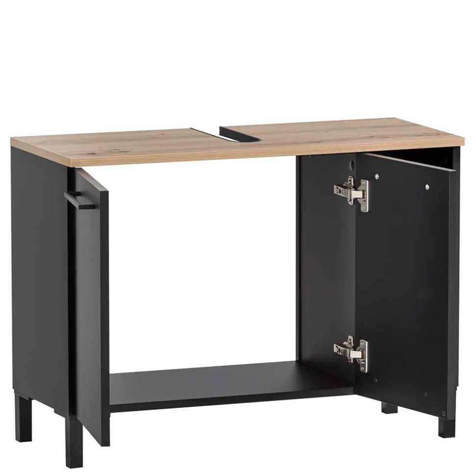 Waschbeckenunterschrank in Schwarz mit Wildeiche Dekor - Riguna