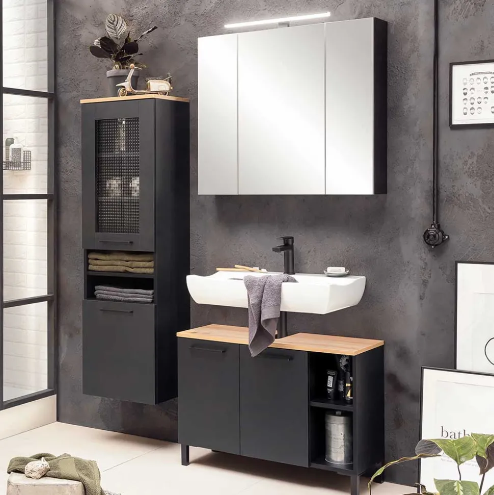 Waschbeckenunterschrank in Schwarz mit Wildeiche Dekor - Riguna