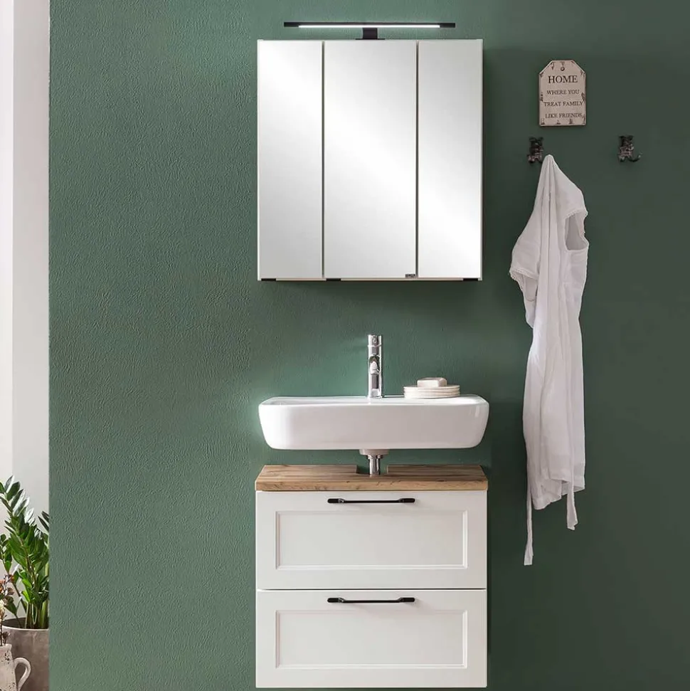 Waschplatz Einrichtung in Weiß mit Wildeiche - Gyatso (zweiteilig)