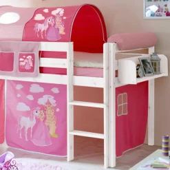 Weiß lackiertes Hochbett mit Rutsche mit Stoff Pink - Simon