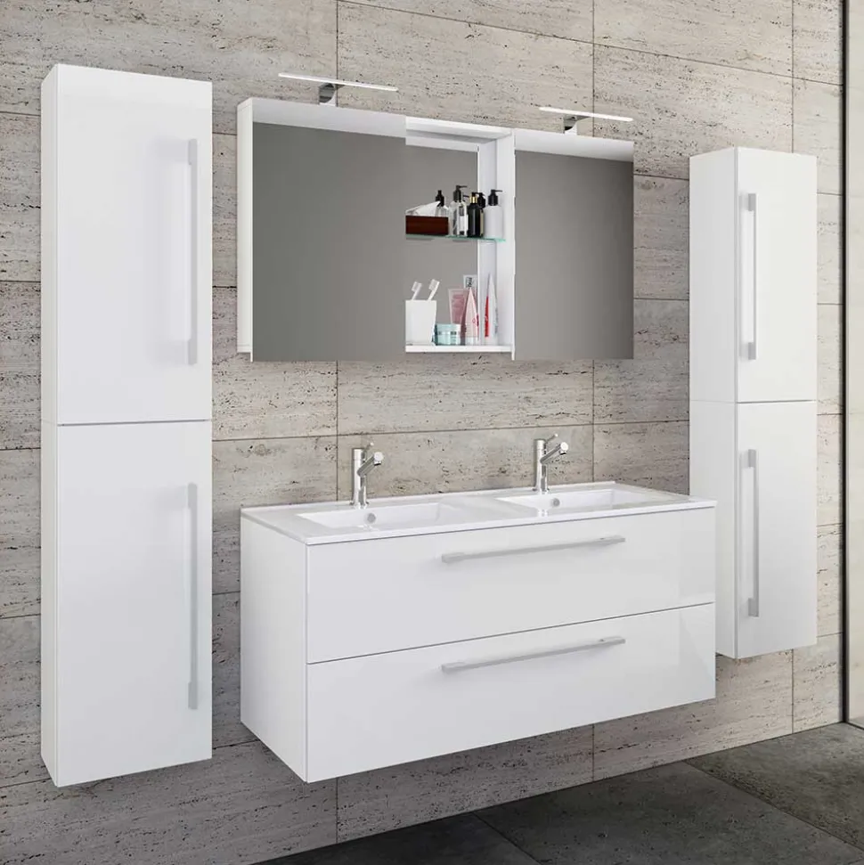 Weiße Badeinrichtung mit Doppel-Waschtisch - Matsu (vierteilig)