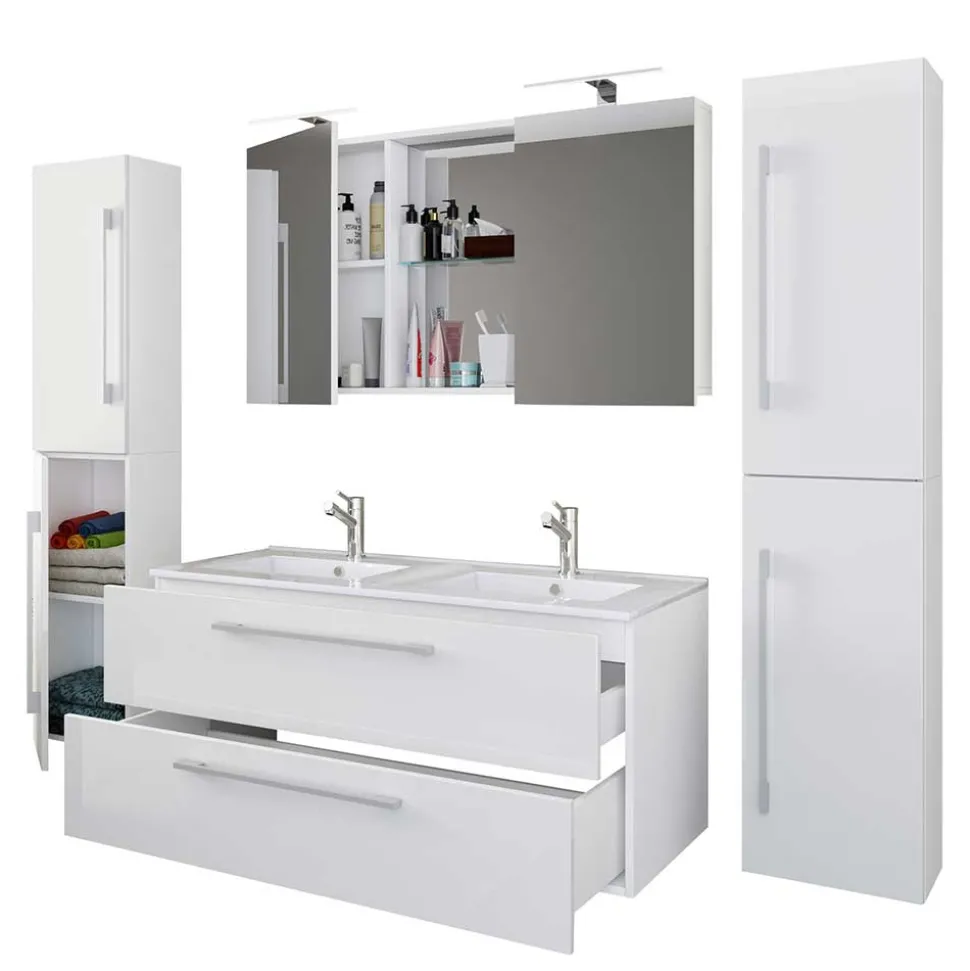 Weiße Badeinrichtung mit Doppel-Waschtisch - Matsu (vierteilig)