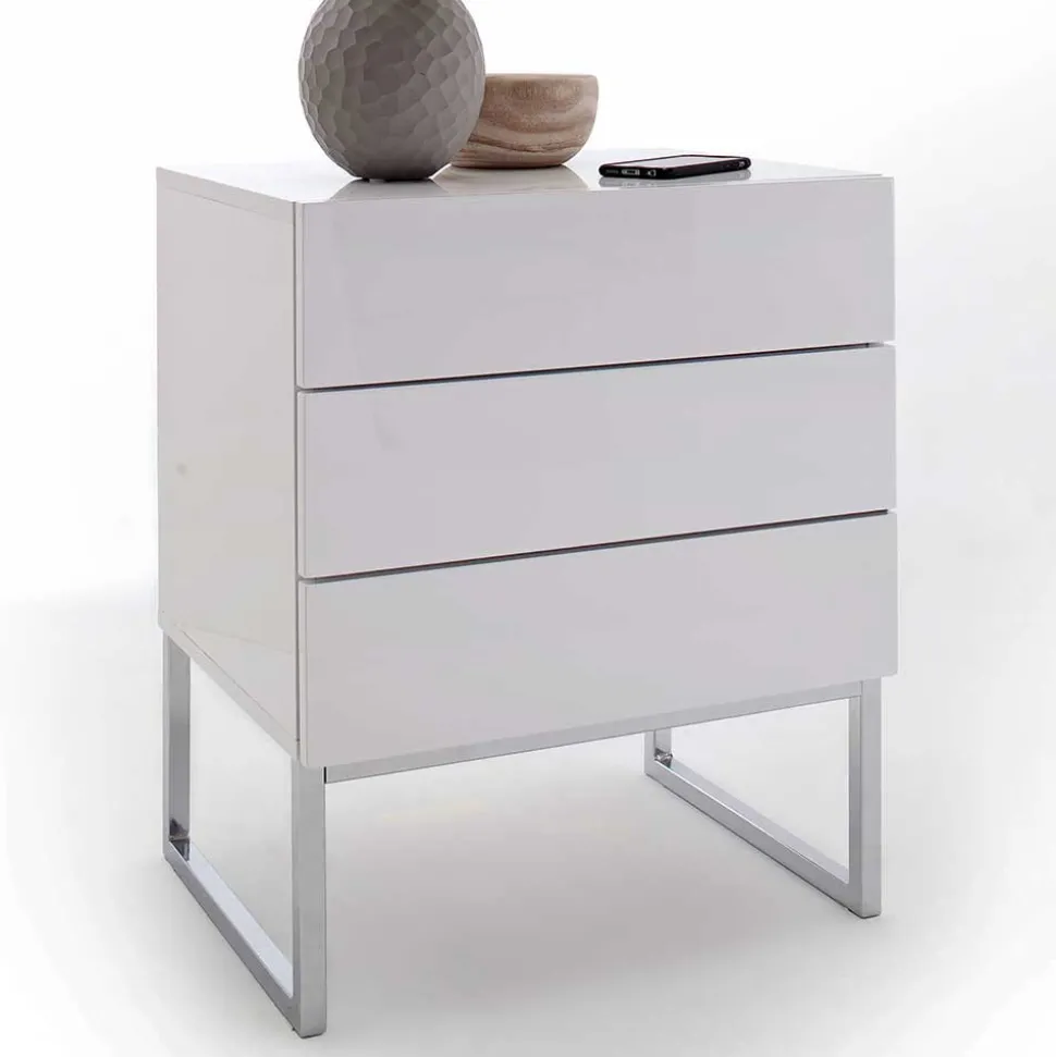 Weiße Nachtkommode mit Bügelgestell Chrom Munarula 50x60x40 cm