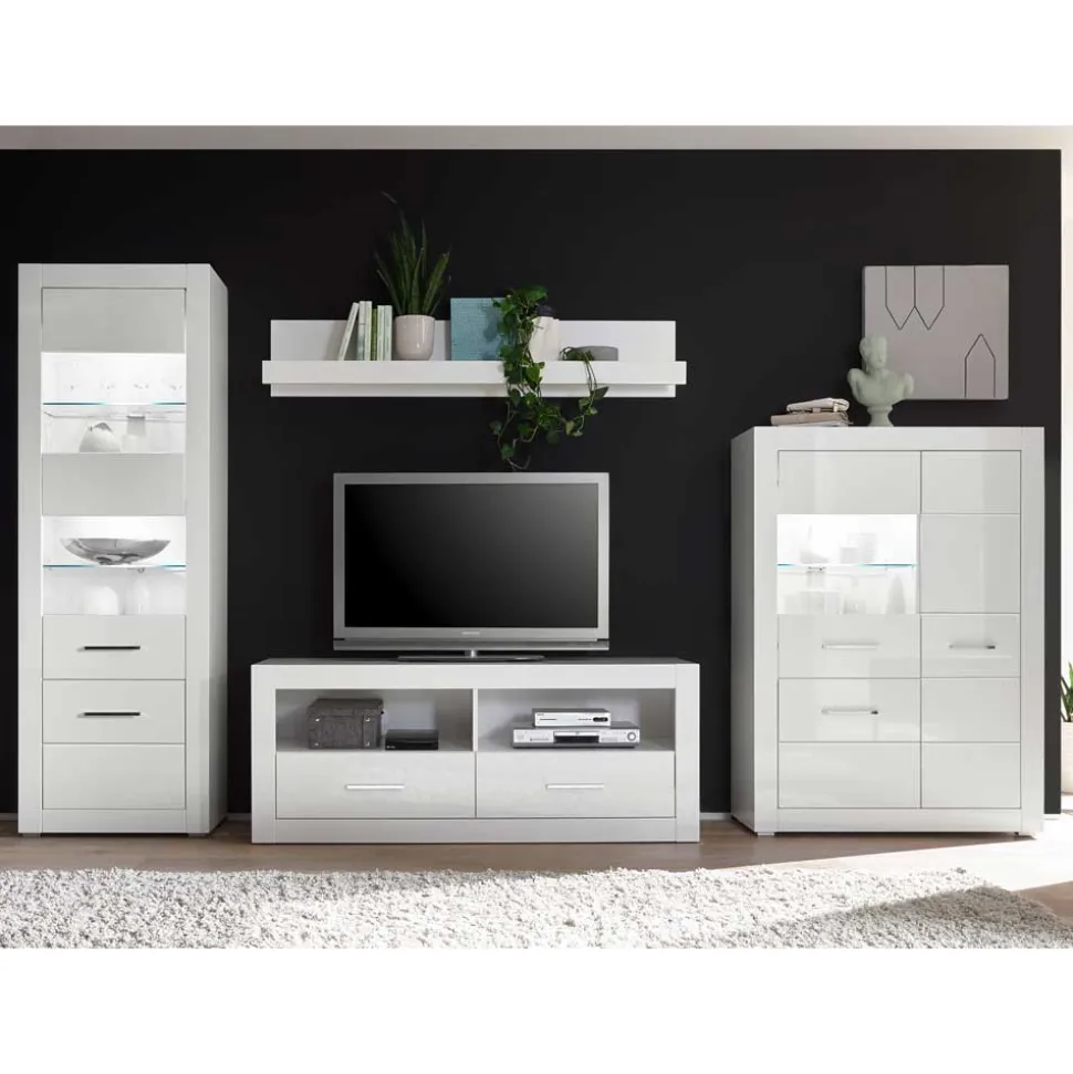 Weiße Wohnwand mit Hochglanz Fronten Yulis optional mit Beleuchtung (vierteilig)