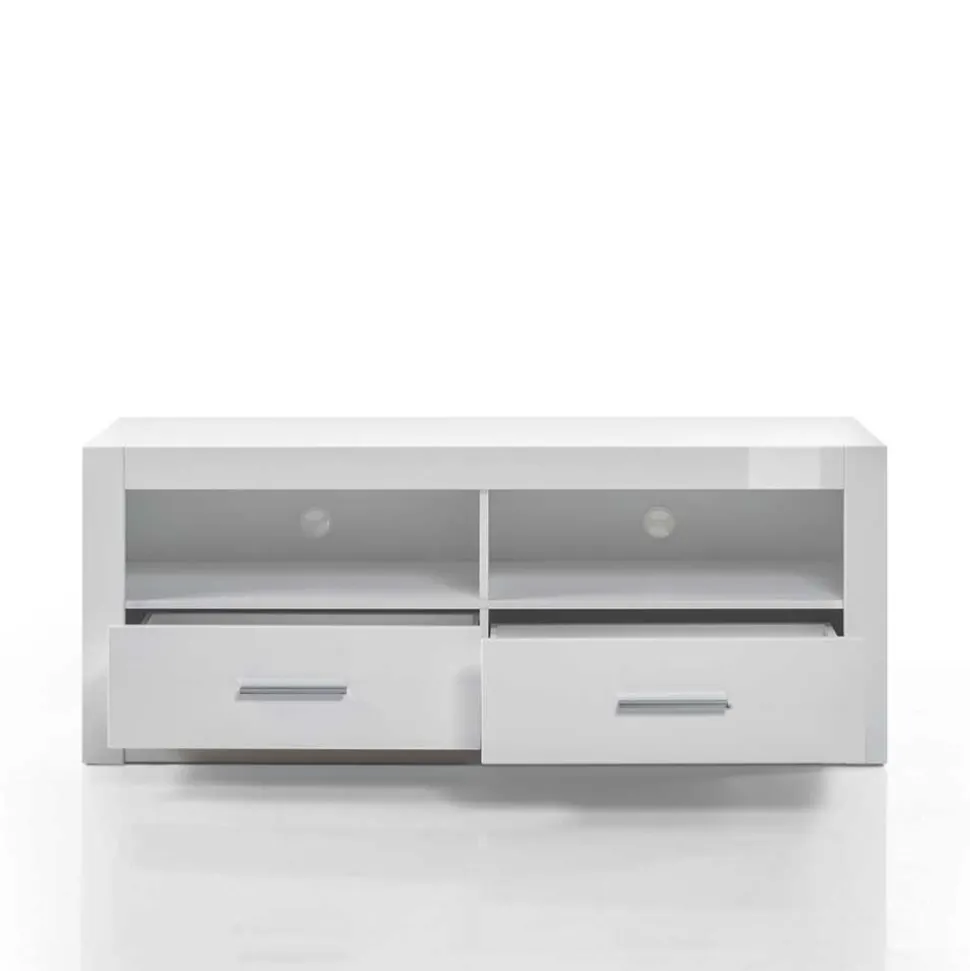 Weiße Wohnwand mit Hochglanz Fronten Yulis optional mit Beleuchtung (vierteilig)