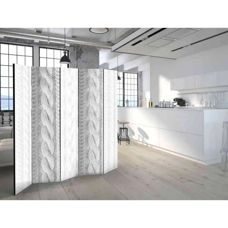 Weißer Paravent mit Strick Zopf Motiv - Coint