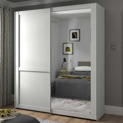 Weißer Schwebetüren-Schrank mit Spiegel - Flinn