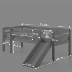 Weißes Hochbett mit Rutsche - nur 83 cm hoch - Kendalas