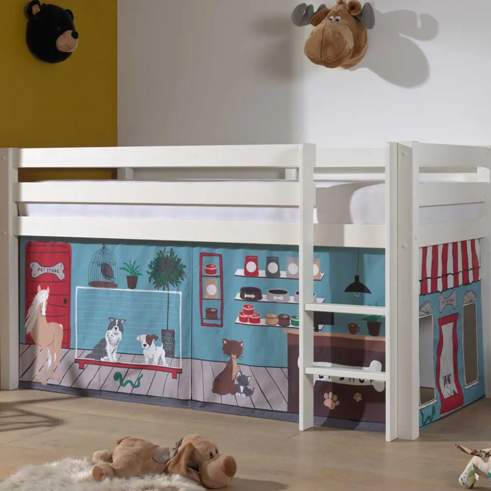 Weißes Hochbett mit Spielvorhang Zooladen - Nadals