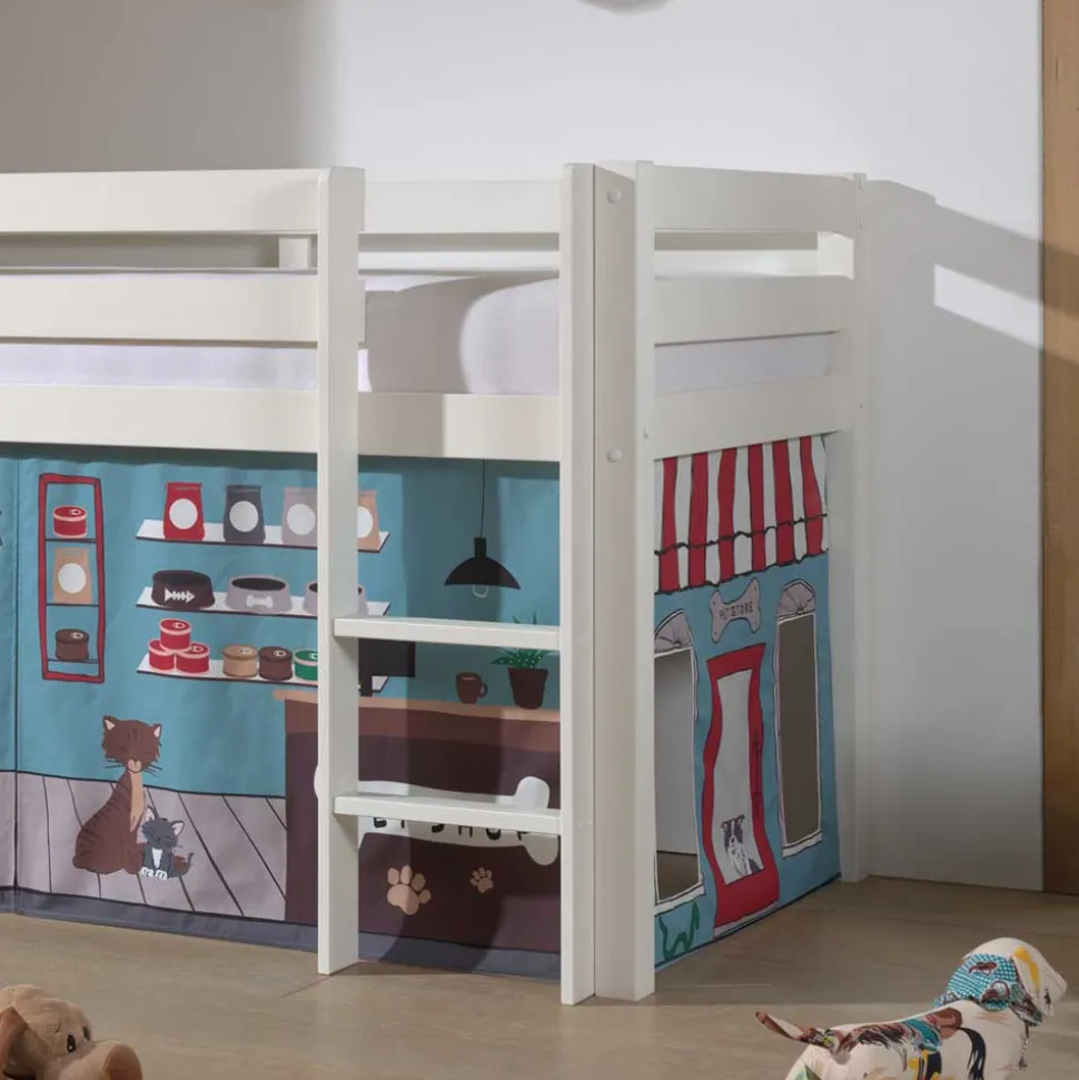 Weißes Hochbett mit Spielvorhang Zooladen - Nadals