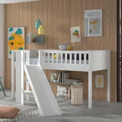 Weißes Kinder-Hochbett mit schräger Rutsche - Ranuves