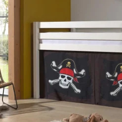 Weißes Piraten Hochbett mit Vorhang in Schwarz - Paisly