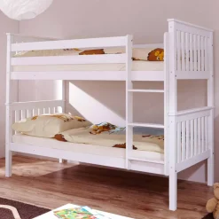Weißes Stockbett aus Massivholz Kiefer Huelca mit 5 Schubkästen