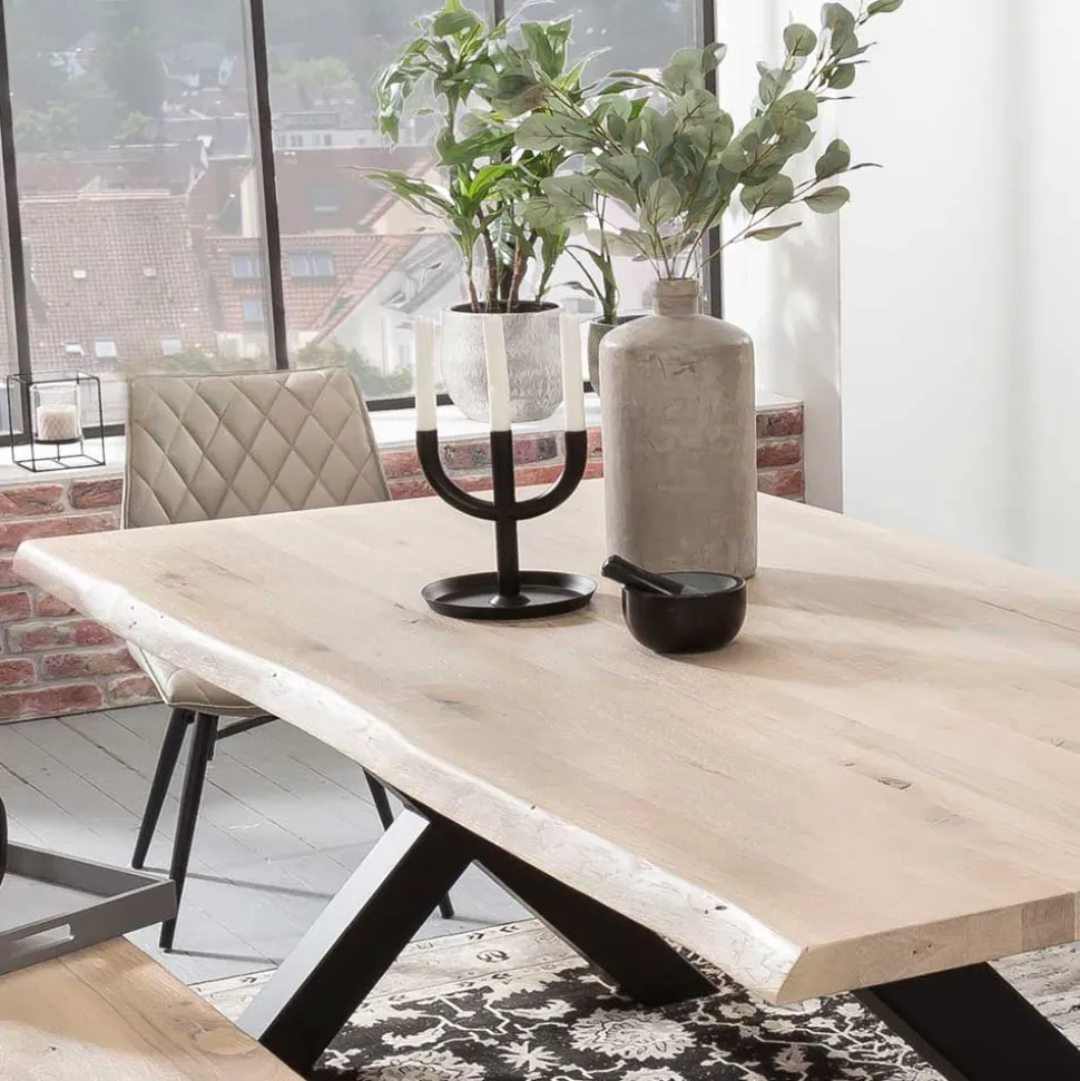 White Wash Essgruppe mit X-Fuß Tisch - Tilveta I (sechsteilig)