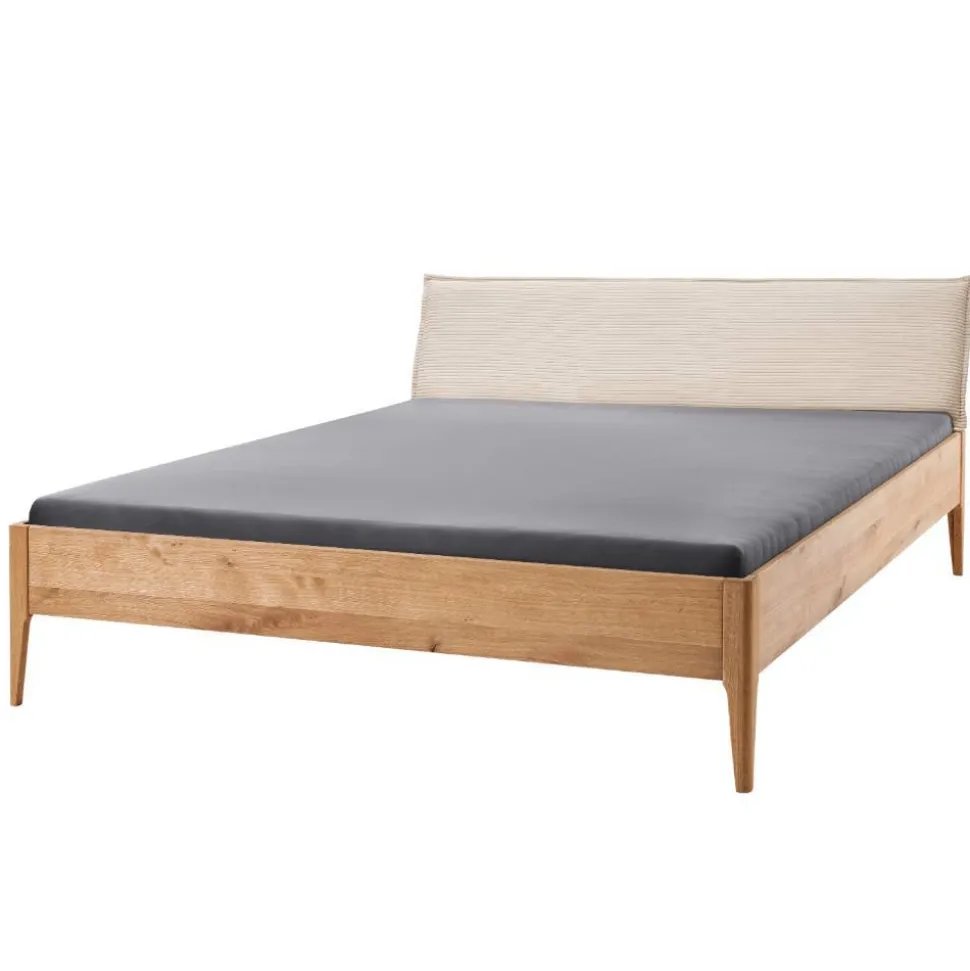 Wildeiche Holzbett mit Cord-Kopfteil - Babahira