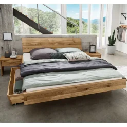 Wildeiche Schubkastenbett & Nachtkommoden - Aryvano (dreiteilig)