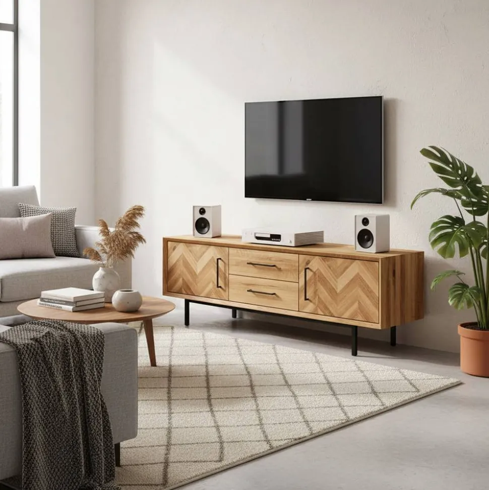 Wildeiche TV Lowboard mit Fischgrät Design - Kerfa